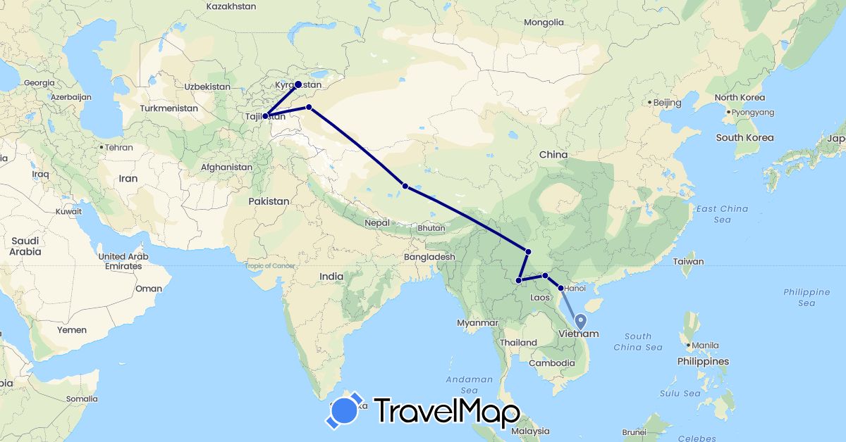 TravelMap itinerary: driving, cycling in China, Kyrgyzstan, Tajikistan, Vietnam (Asia)